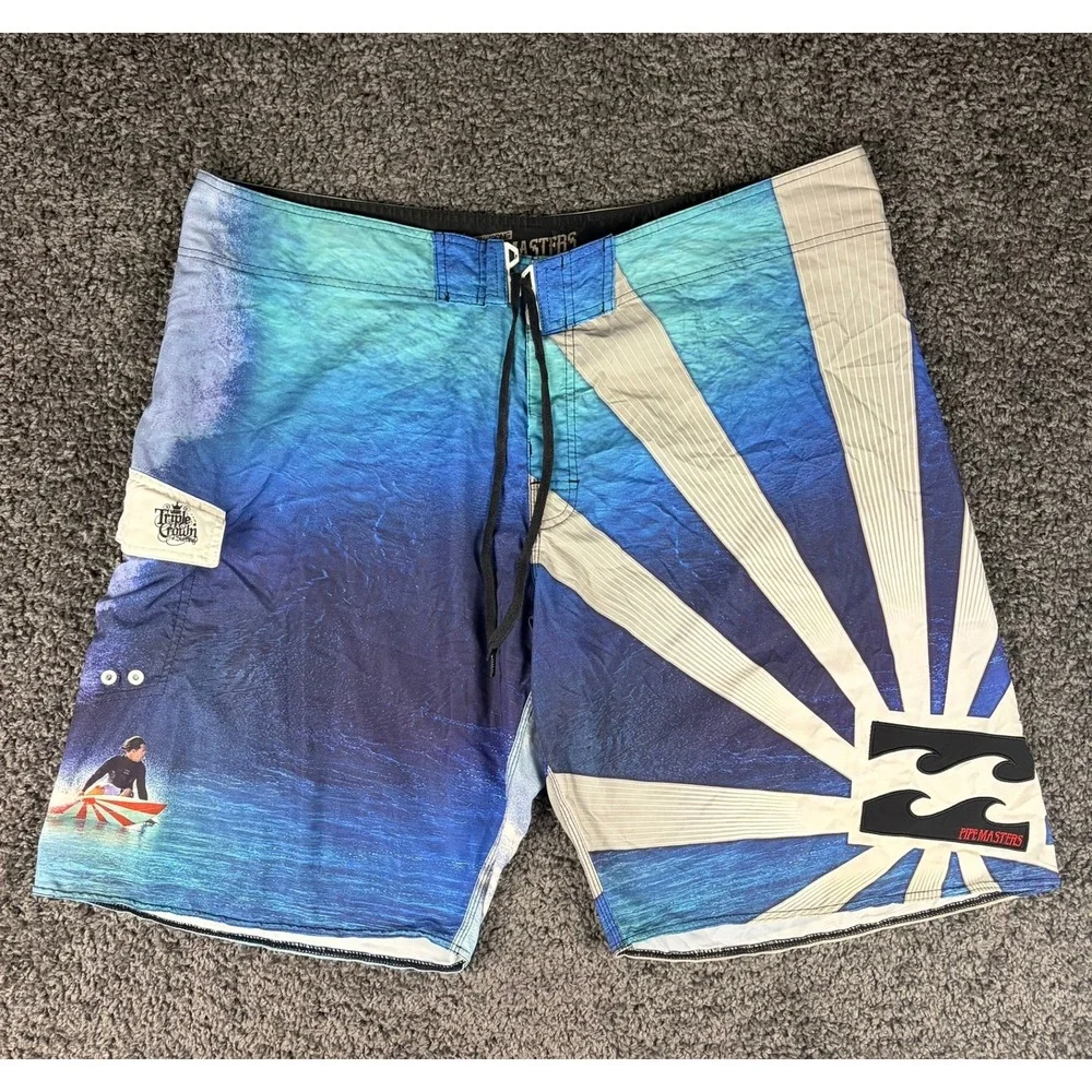 Billabong Andy Irons Pipe Masters Board Shorts Mens 44 Blue Y2K Rising Sun 2011